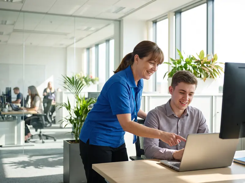 IT technician assisting an employee at their desk